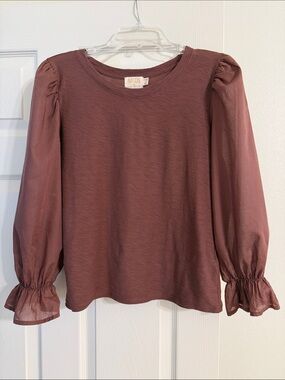 Nation LTD Mauve Puff-Sleeve Long Sleeve Top with Sheer Sleeves
